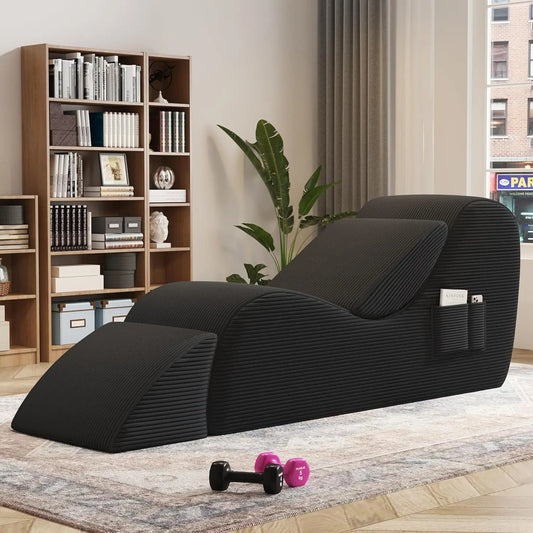 Yoga Chairs for Adults Chaise Lounge Chair with Waist Pad Foot Pad Side Pockets High Density Foam Non Slip Bottom