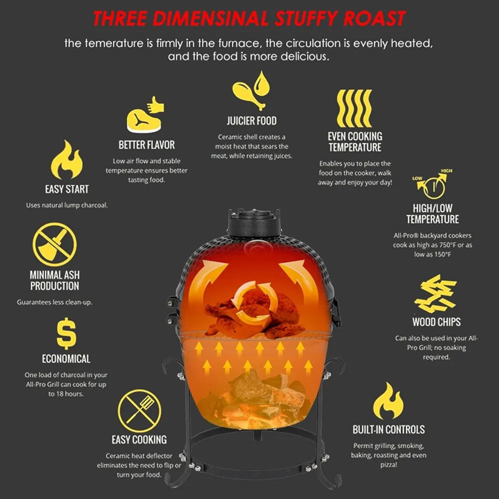 13" Kamado Charcoal Grill Portable Barbecue Grill BBQ Kettle Stand Lid Perfect for Outdoor Camping Patio Backyard Picnic