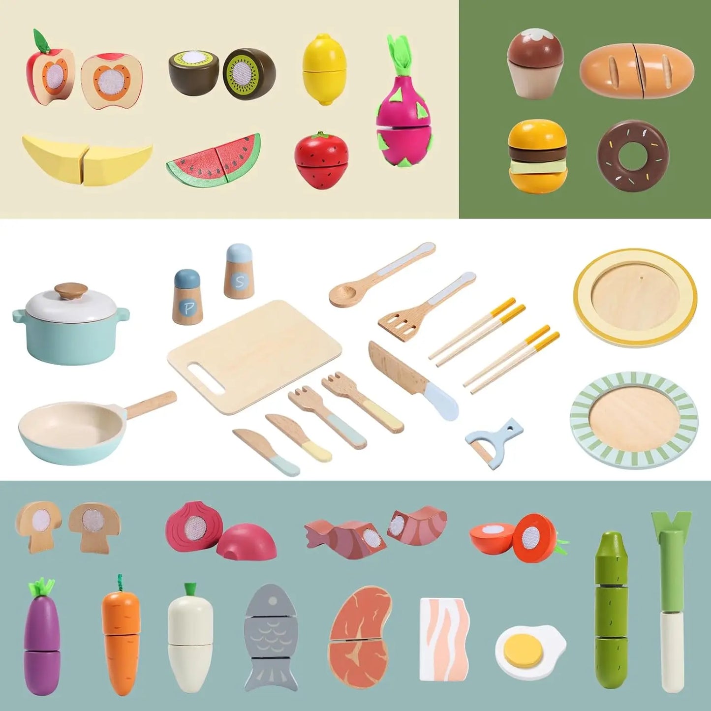 Wooden Play Food Set 78Pcs Pretend Cooking Toys Vegetables