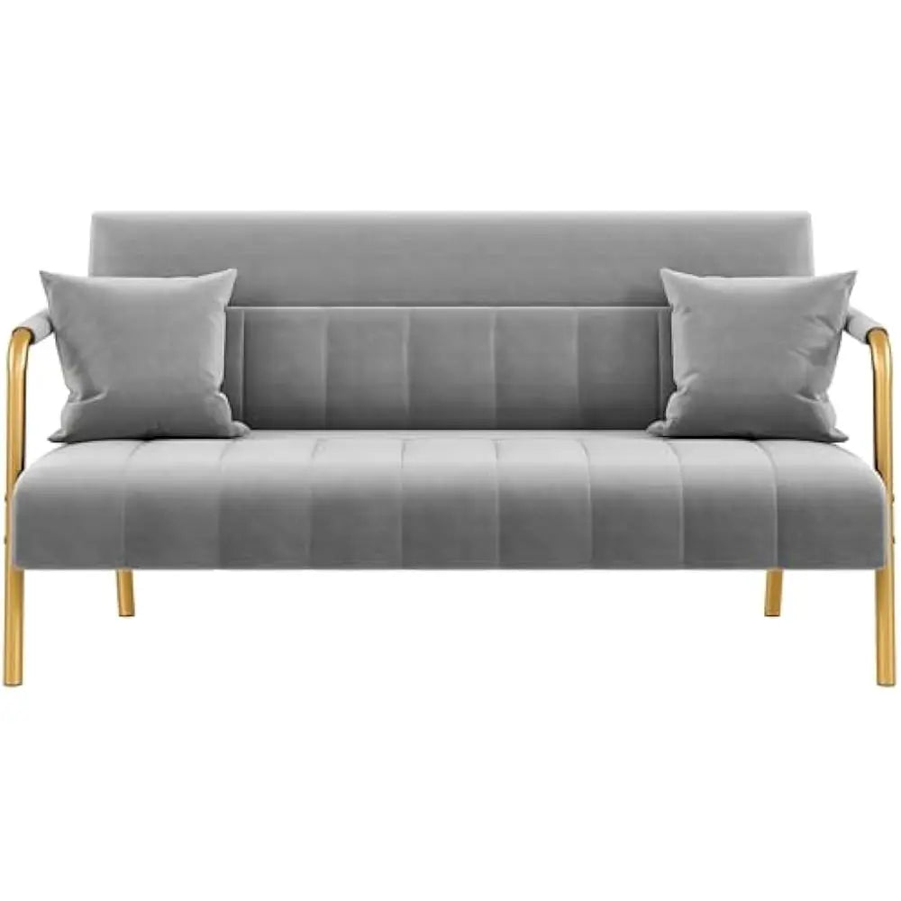 Lux Velvet Sofa With Gold Tone Metal Arms For Living Room