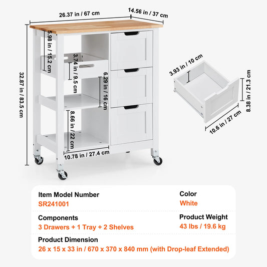 SucceBuy Kitchen Island Cart With Wood Top Drawers Shelves