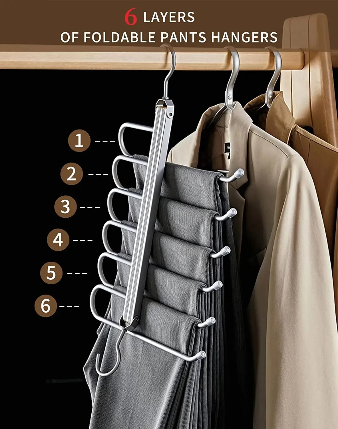 6 Layers Aluminum Pants Hangers Space Saving Jeans Scarf Organizer Multi Functional Closet Heavy Rack for Slacks Skirt Trousers Black