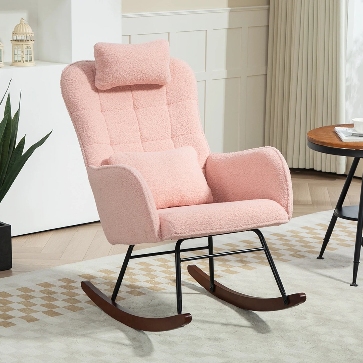 Homcom Boucle Rocking Chair with Headrest and Lumbar Pillow Pink
