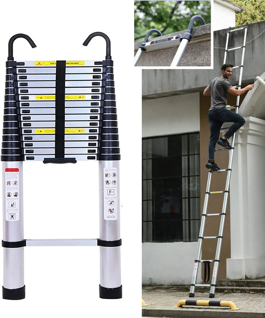 Telescopic Ladder 6.2 Meters with Detachable Hooks and Extendable Steps Folding Tall Loft Ladder with Non Slip Feet Collapsible Design