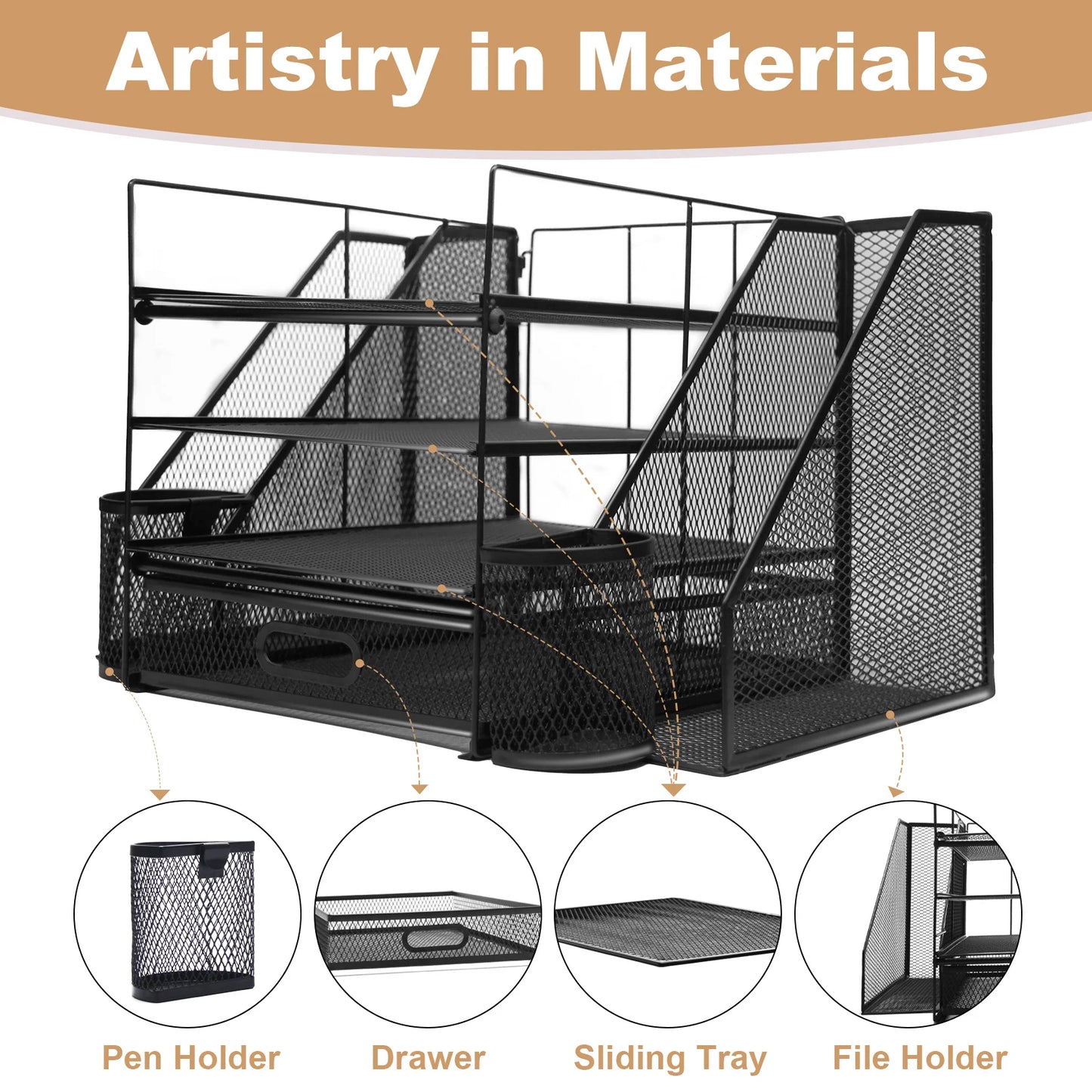 Office Desk Organizer and Accessories Large Capacity Desktop 4 Tray File Organizer with Drawer and 2 Pen Holders for School and Home