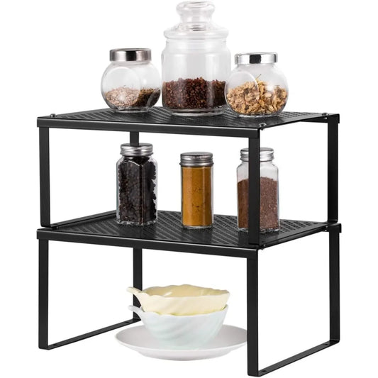 Expandable Stackable Kitchen Cabinet and Counter Shelving Organizer Multi Use Space Saving Storage Black