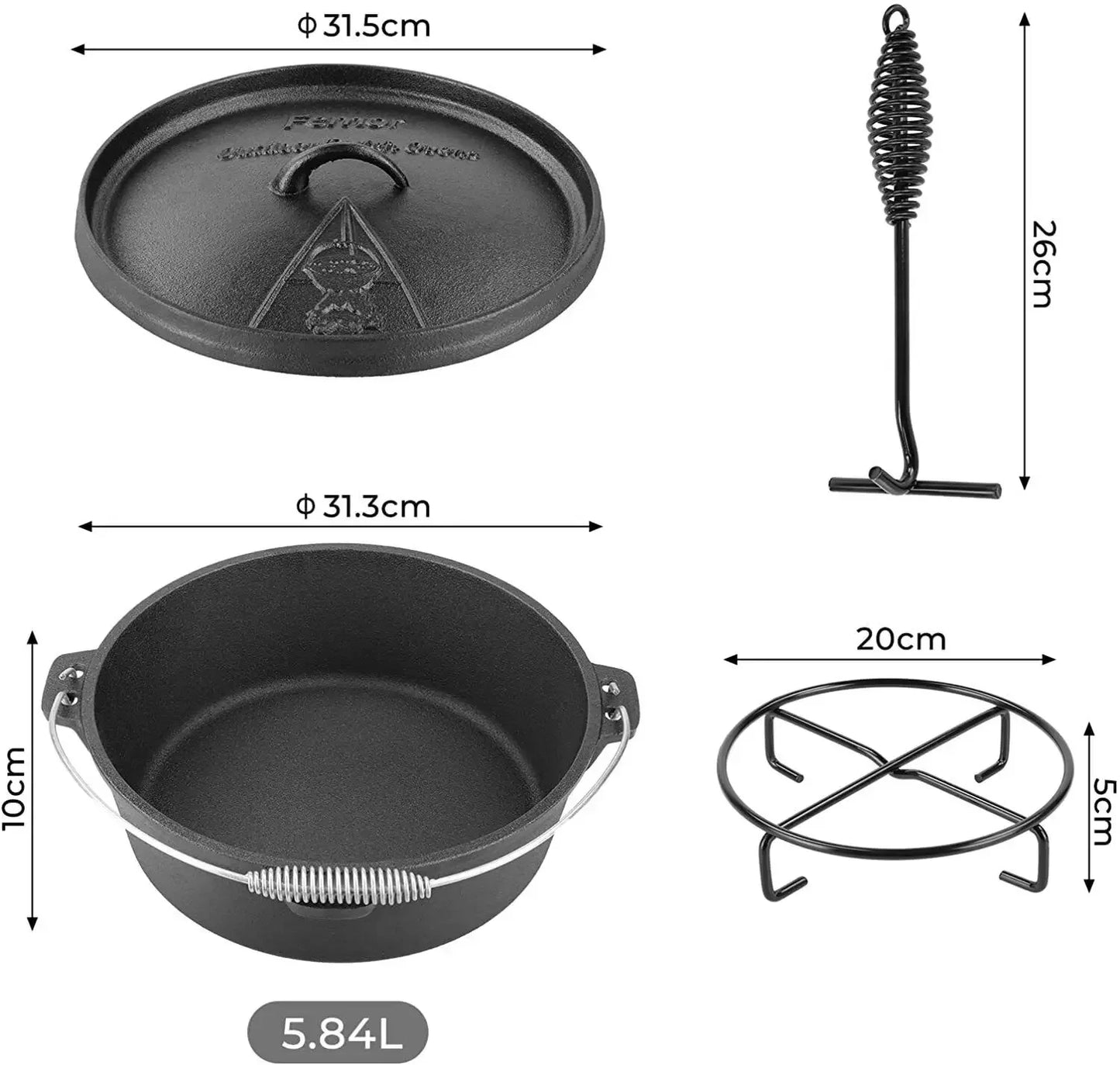 Femor Dutch Oven Cast Iron 5.8 Liter Camping Cookware Casserole for Outdoor Barbecue