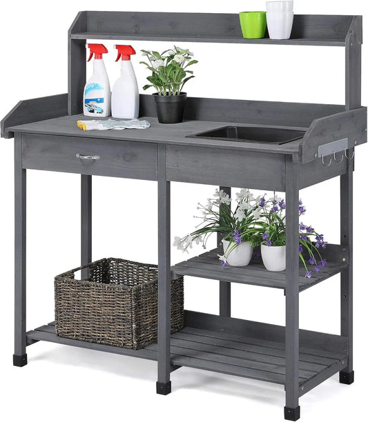 Outdoor Potting Bench Table Garden Workstation with Drawer Adjustable Shelf Removable Sink Hooks and Pads Gray