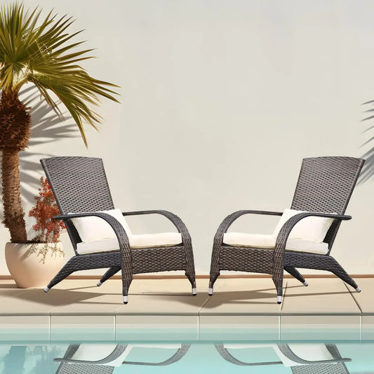Adirondack Chairs Set of 2 Outdoor Wicker Rattan Fire Pit Chairs Oversized Comfy Relax Accent Patio Chairs with Cream Cushions