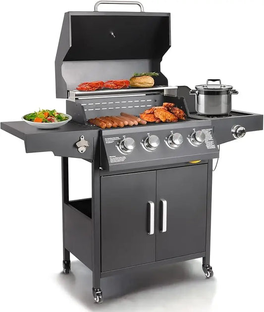 Propane Gas Grill with 4 Burners and Side Burner Stainless Steel Grill Cart with Wheels for Outdoor Patio Garden