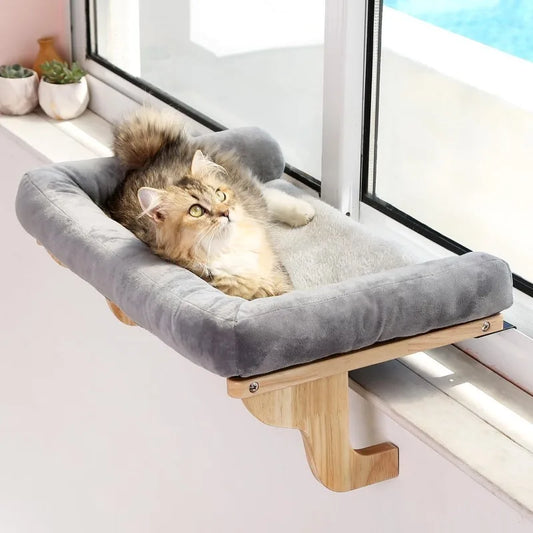 Cat Perch for Window Sill with Bolster Orthopedic Hammock Design Premium Hardwood Robust Metal Frame Cat Window Seat for Large Cats and Kittens Natural Color Wood with Gray Bed