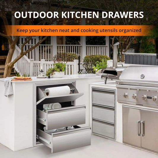 Outdoor Kitchen Drawers with Paper Towel Holder Stainless Steel BBQ Drawers 3-Layer Flush Mount Design