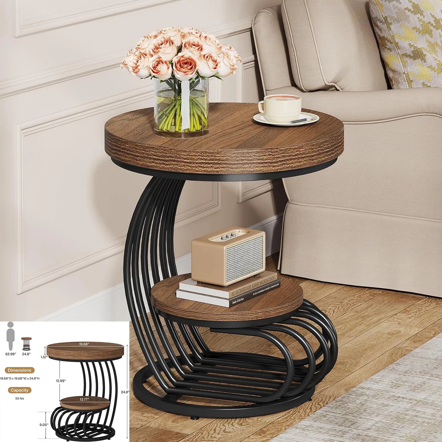Round End Table With Hollow Metal Frame Bedside Nightstand