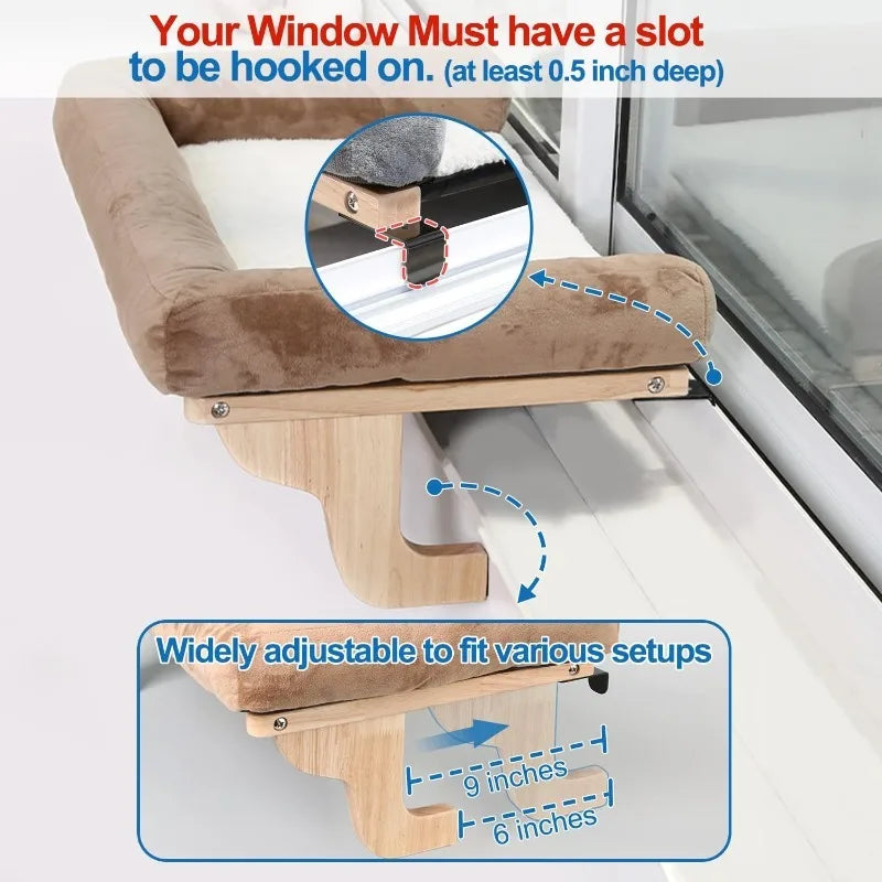 Cat Perch for Window Sill with Bolster Orthopedic Hammock Design Premium Hardwood Robust Metal Frame Cat Window Seat for Large Cats and Kittens Natural Color Wood with Gray Bed