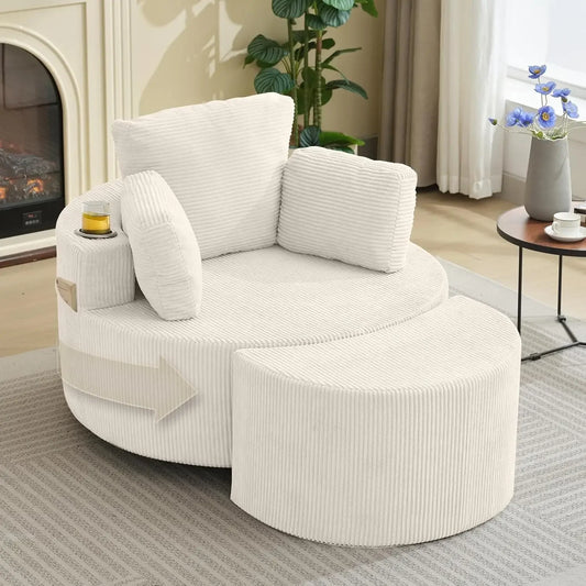 Swivel Accent Chair 42 Inch Wide Oversized Swivel Recliner Comfy Upholstered Round Barrel Chair with Ottoman for Living Room