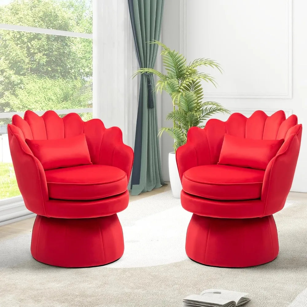 360° Swivel Accent Chair, Mid-Century Modern Velvet Barrel Chair, Comfy Shell Shape Arm Chair with Lumbar Pillow for Living Room