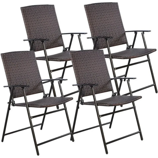 4 Piece Folding Patio Chair Set Outdoor Pool Lawn Portable Wicker Chairs with Armrest and Footrest Durable Rattan Steel Frame