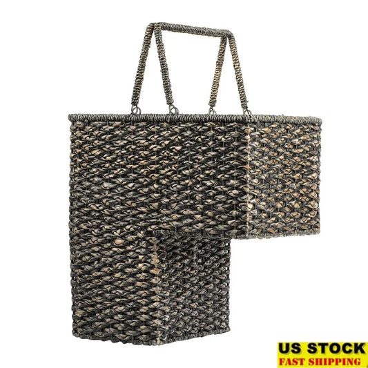 Black Rattan Stair Basket with Handles Storage Organizer Home Collection Convenient Carry All Purpose Decor