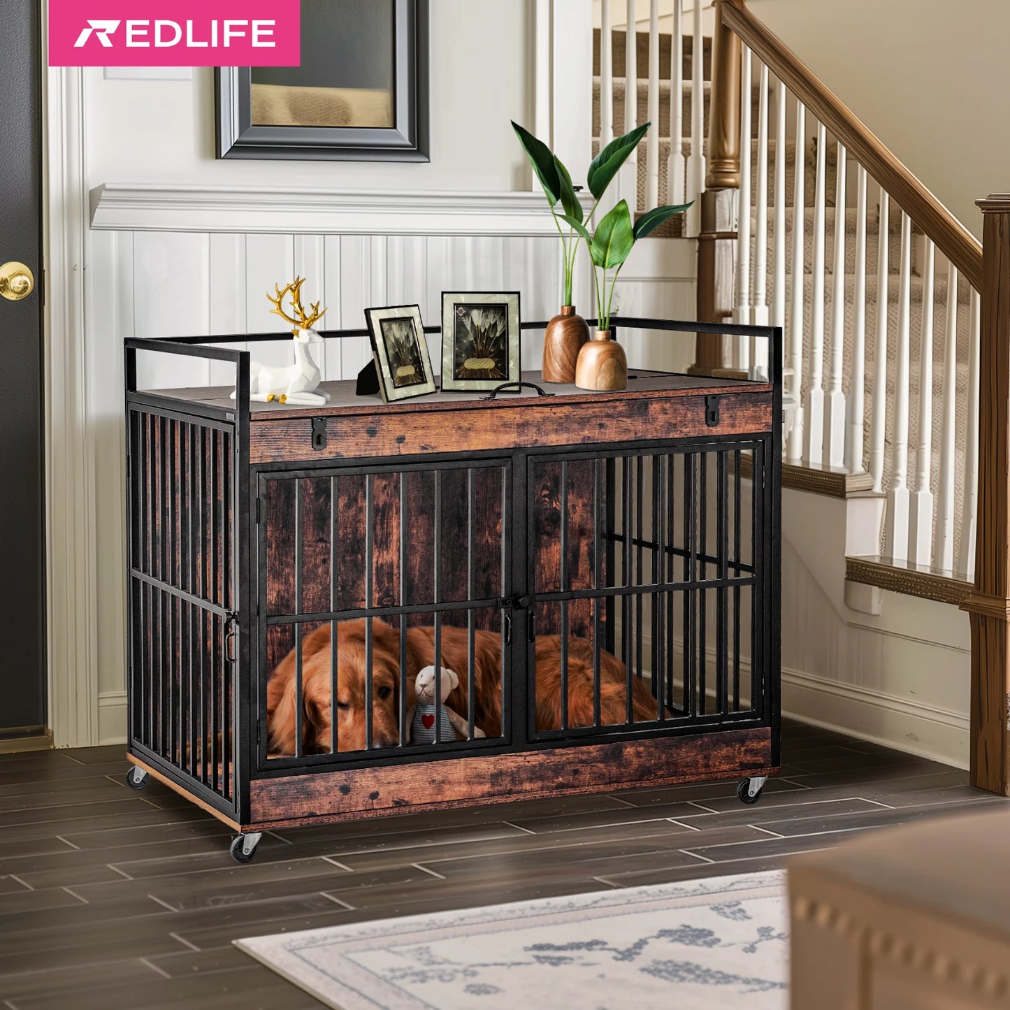 Redlife Dog Crate Furniture End Table Heavy Duty Indoor Dog Kennel with Wheels and Feeder Bowls 43.7 x 30 x 37.8 Inches