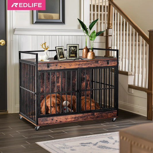 Redlife Dog Crate Furniture End Table Heavy Duty Indoor Dog Kennel with Wheels and Feeder Bowls 43.7 x 30 x 37.8 Inches
