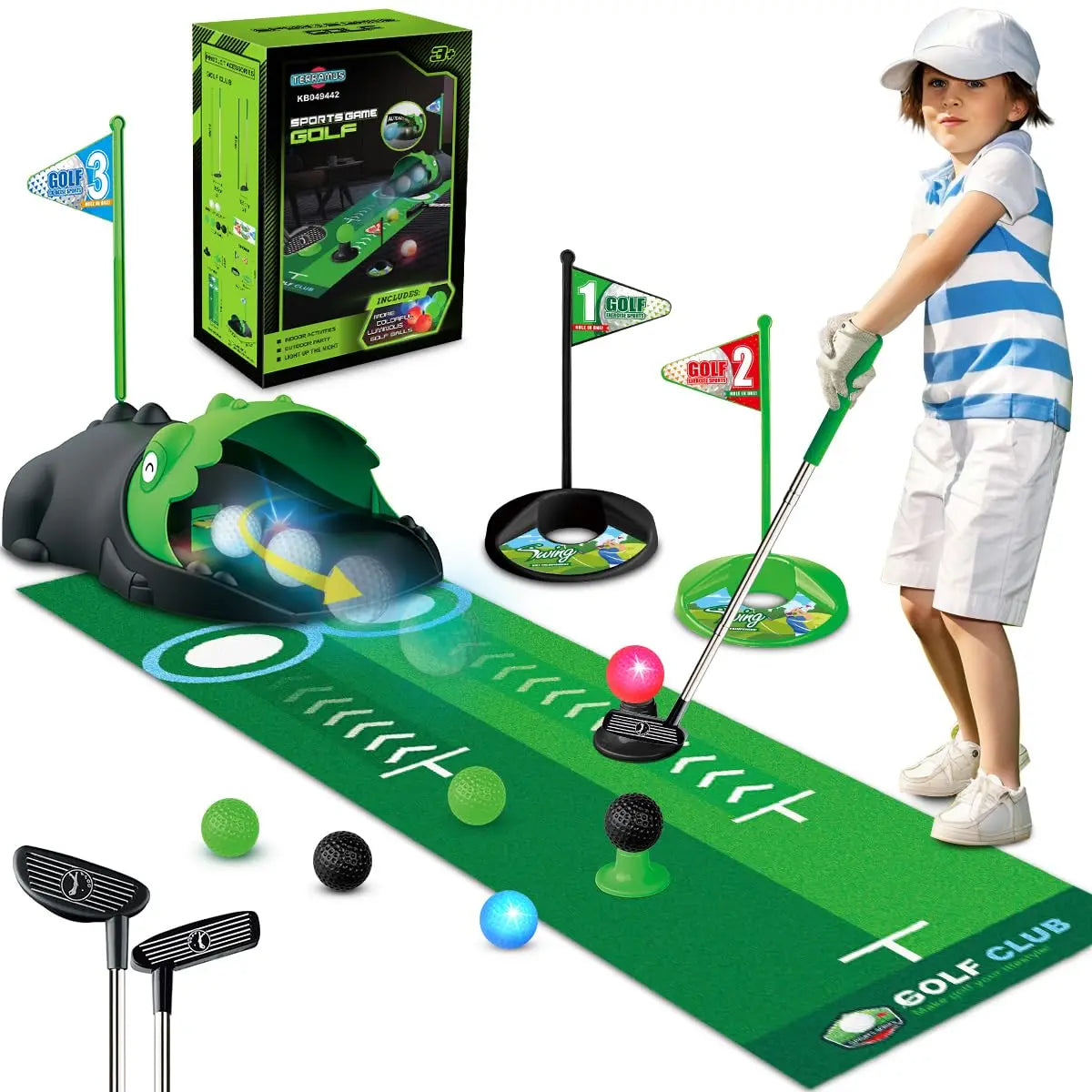 Kids Toy Golf Club Set with LED Automatic Ball Returner and Golf Putting Mat for Toddlers Mini Golf Game Sports Gift for Boys and Girls Age 3 and Up