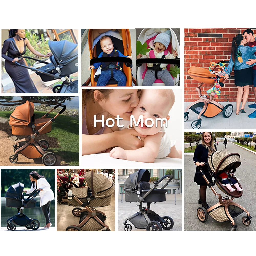 Hot Mom F22 Baby Stroller 3 In 1 Adjustable Seat Aluminum Frame Solid Rubber Tires Rain Cover Mosquito Net Large Storage Basket