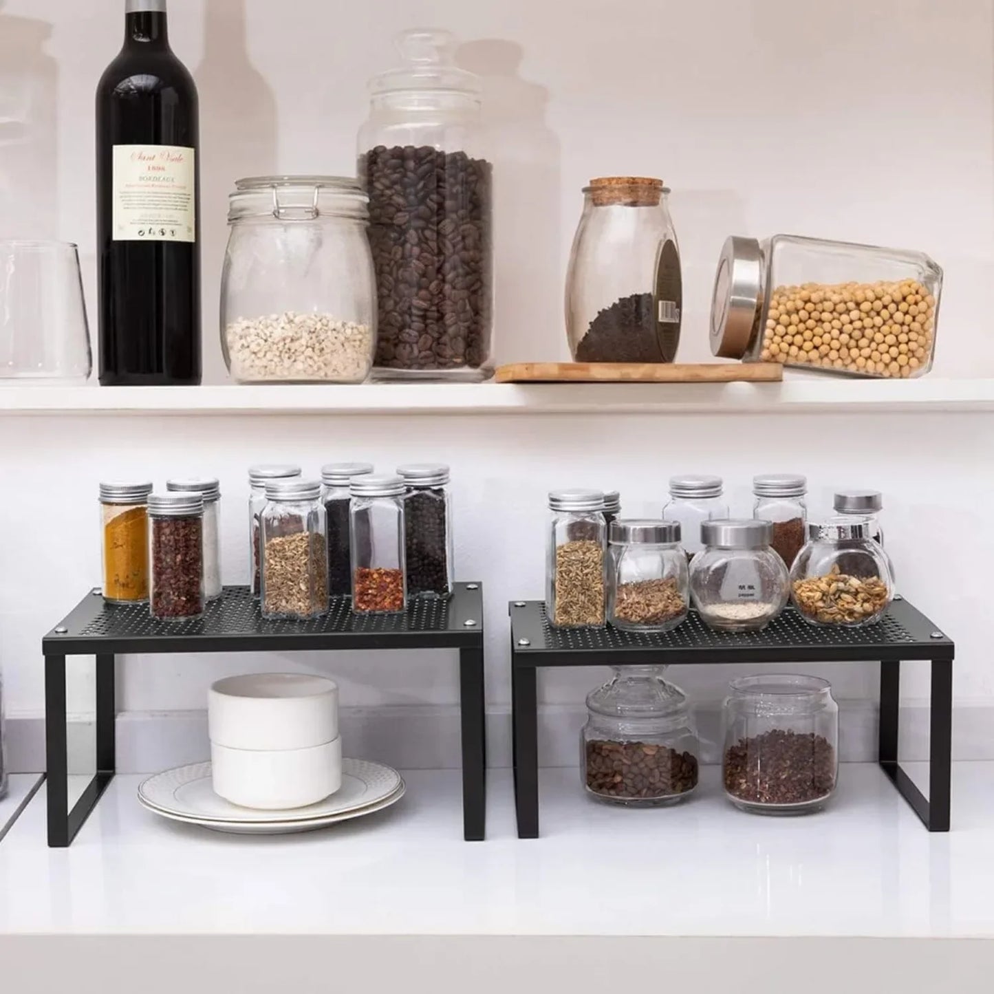 Expandable Stackable Kitchen Cabinet and Counter Shelving Organizer Multi Use Space Saving Storage Black