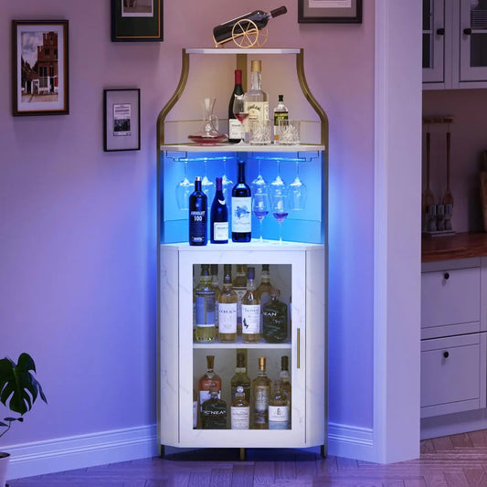 Corner Bar Wine Cabinet with LED Lights 5-Tier Industrial Wine Cabinet with Glass Holder Modern Liquor Cabinet White and Gold
