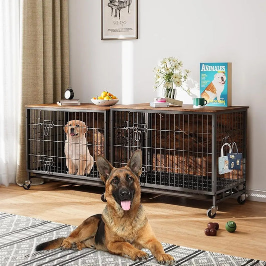 Dog Crate Furniture Wooden Dog Kennel with Wheels and Double Doors Indoor Dog Crate House for Small Medium Dogs Rustic Brown 27.2 Inch
