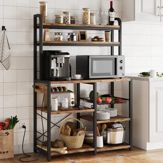 Bakers Rack with Power Outlet Coffee Bar with Wire Drawer Industrial Microwave Stand Kitchen Buffet Table with Large Storage Brown
