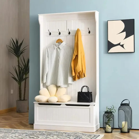 3 in 1 Coat Rack with 5 Double Hooks and Anti Toppling Strip Storage Bench with Bottom Storage Organizer for Hallway Bedroom