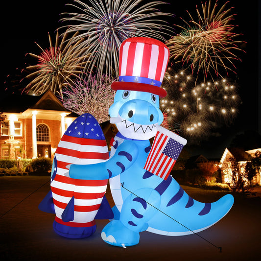 5ft Dinosaur Holding Rocket Independence Day Blow Up Lighted Decoration with 4 LED Lights