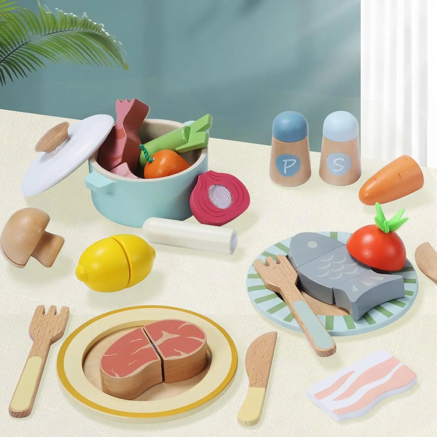 Wooden Play Food Set 78Pcs Pretend Cooking Toys Vegetables