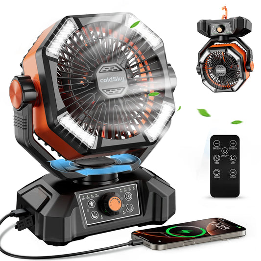 coldSky 20000mAh Battery Camping Fan with 4 LED Lantern 8 Speed Portable Outdoor Desk Fan for Tent and Jobsite