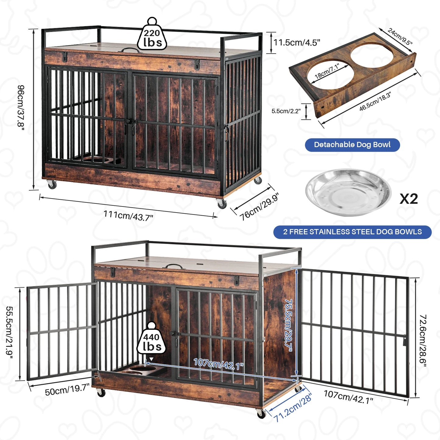 Redlife Dog Crate Furniture End Table Heavy Duty Indoor Dog Kennel with Wheels and Feeder Bowls 43.7 x 30 x 37.8 Inches