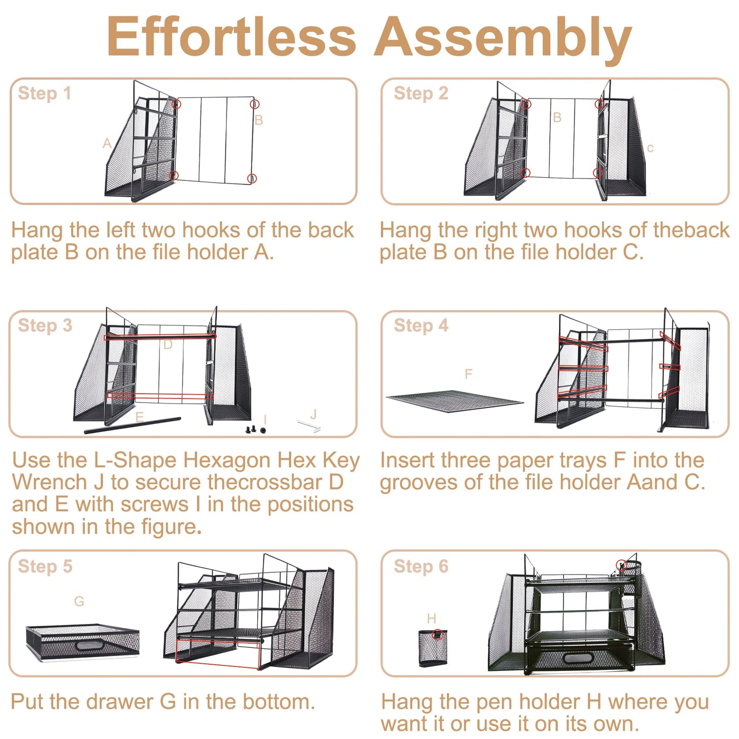 Office Desk Organizer and Accessories Large Capacity Desktop 4 Tray File Organizer with Drawer and 2 Pen Holders for School and Home