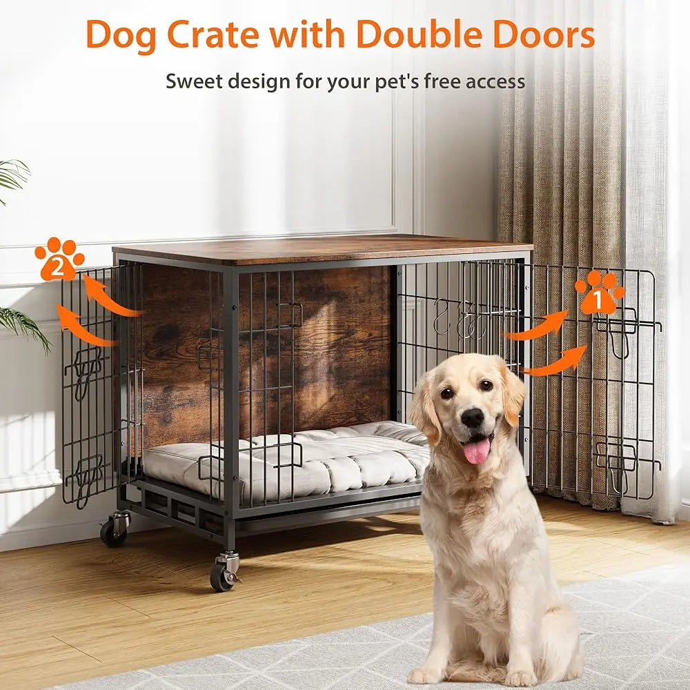 Dog Crate Furniture Wooden Dog Kennel with Wheels and Double Doors Indoor Dog Crate House for Small Medium Dogs Rustic Brown 27.2 Inch