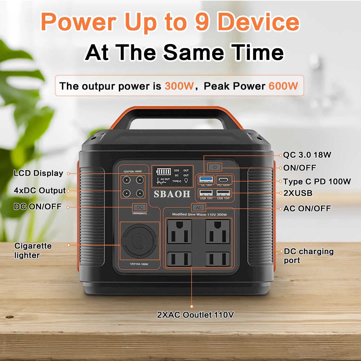 Portable Power Station 300W 296Wh Solar Generator With LED