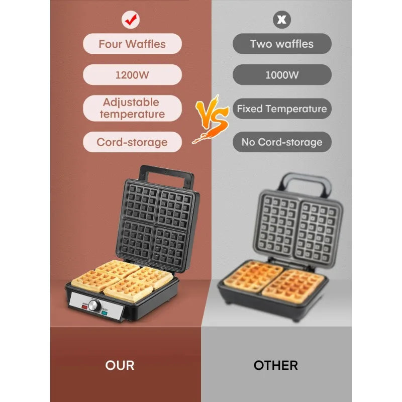 FOHERE Four Waffle Maker Electric Belgian Black Stainless