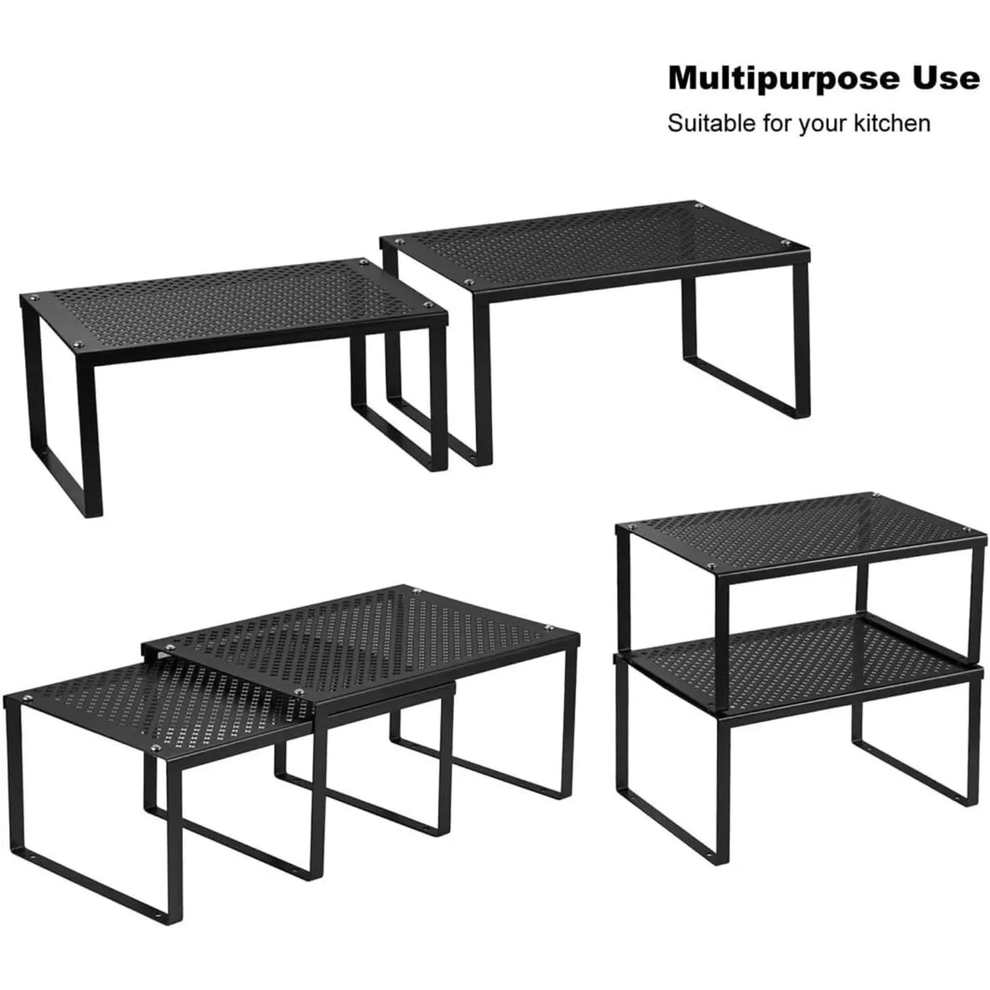 Expandable Stackable Kitchen Cabinet and Counter Shelving Organizer Multi Use Space Saving Storage Black