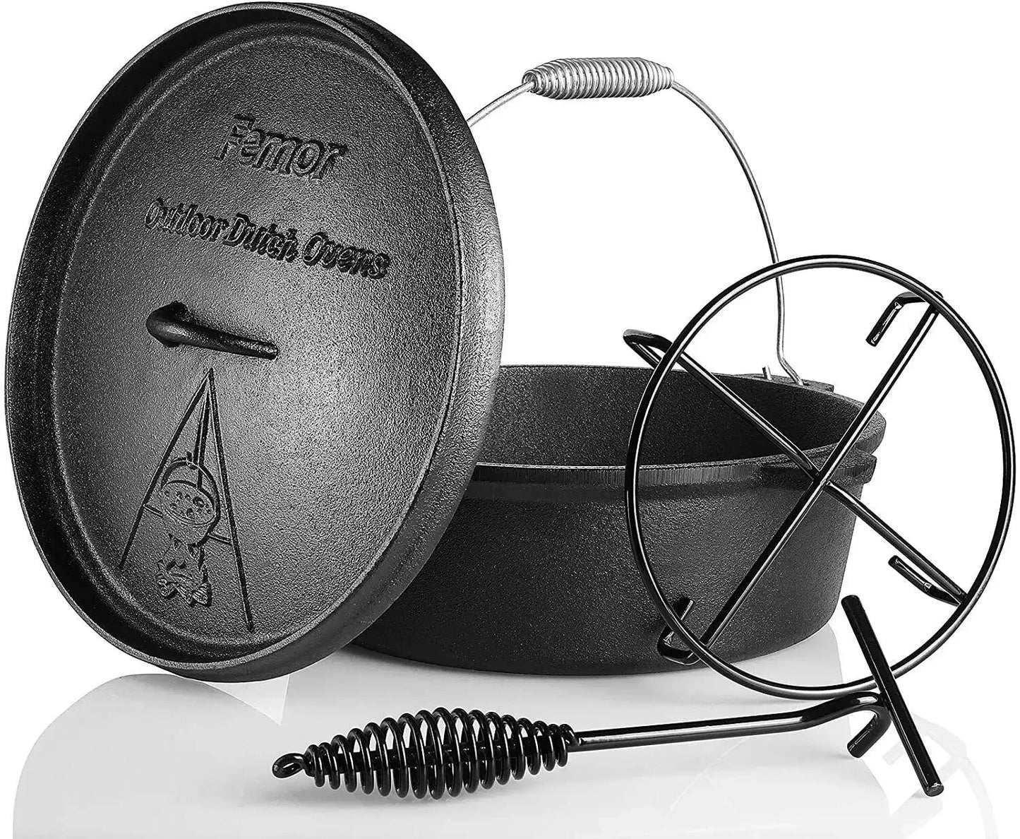 Femor Dutch Oven Cast Iron 5.8 Liter Camping Cookware Casserole for Outdoor Barbecue
