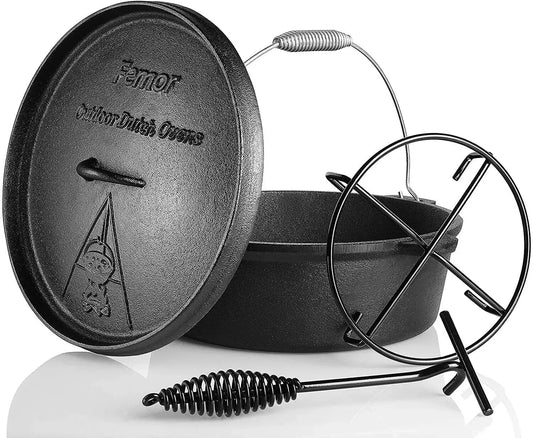 Femor Dutch Oven Cast Iron 5.8 Liter Camping Cookware Casserole for Outdoor Barbecue