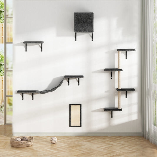 5 Pieces Multi Level Wall Mounted Indoor Cat Tree Furniture with Scratching Board Condo Perches Bridge for Indoor Cats Gray