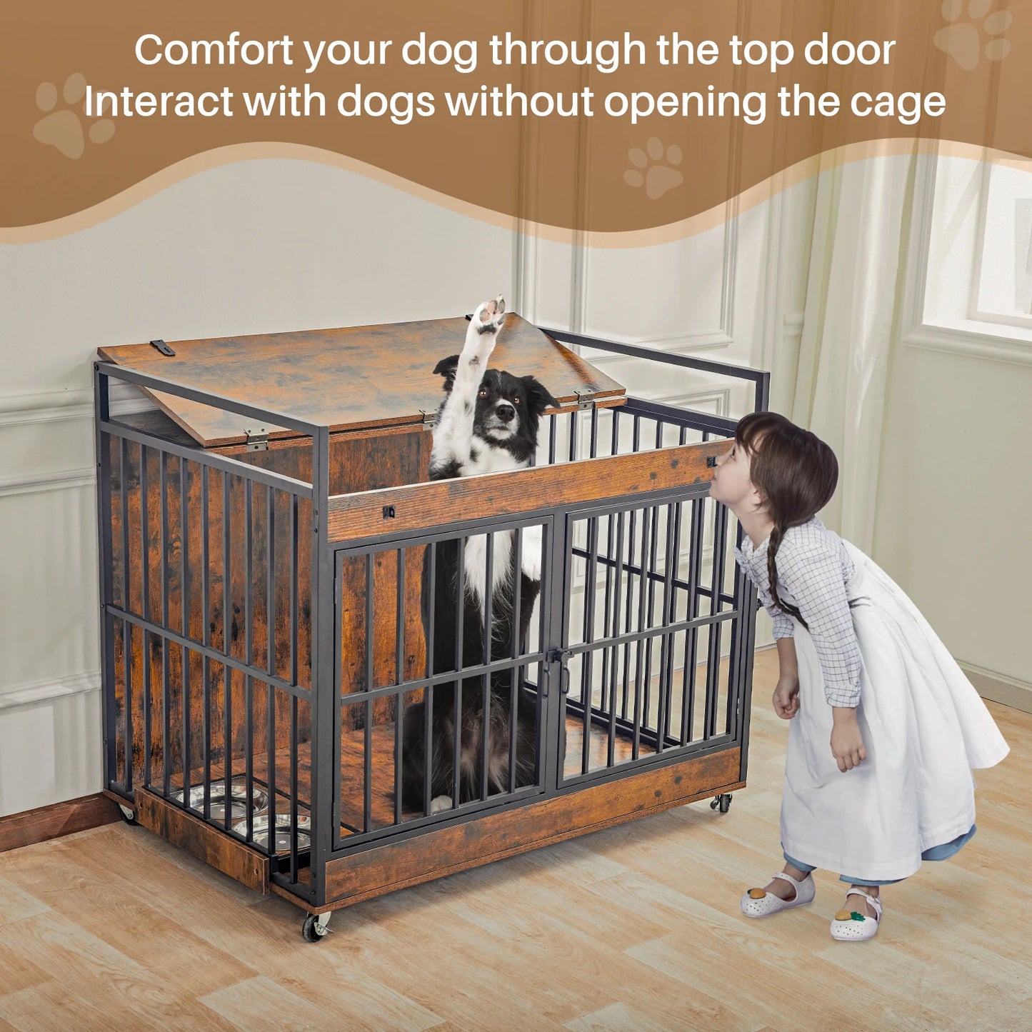 Redlife Dog Crate Furniture End Table Heavy Duty Indoor Dog Kennel with Wheels and Feeder Bowls 43.7 x 30 x 37.8 Inches