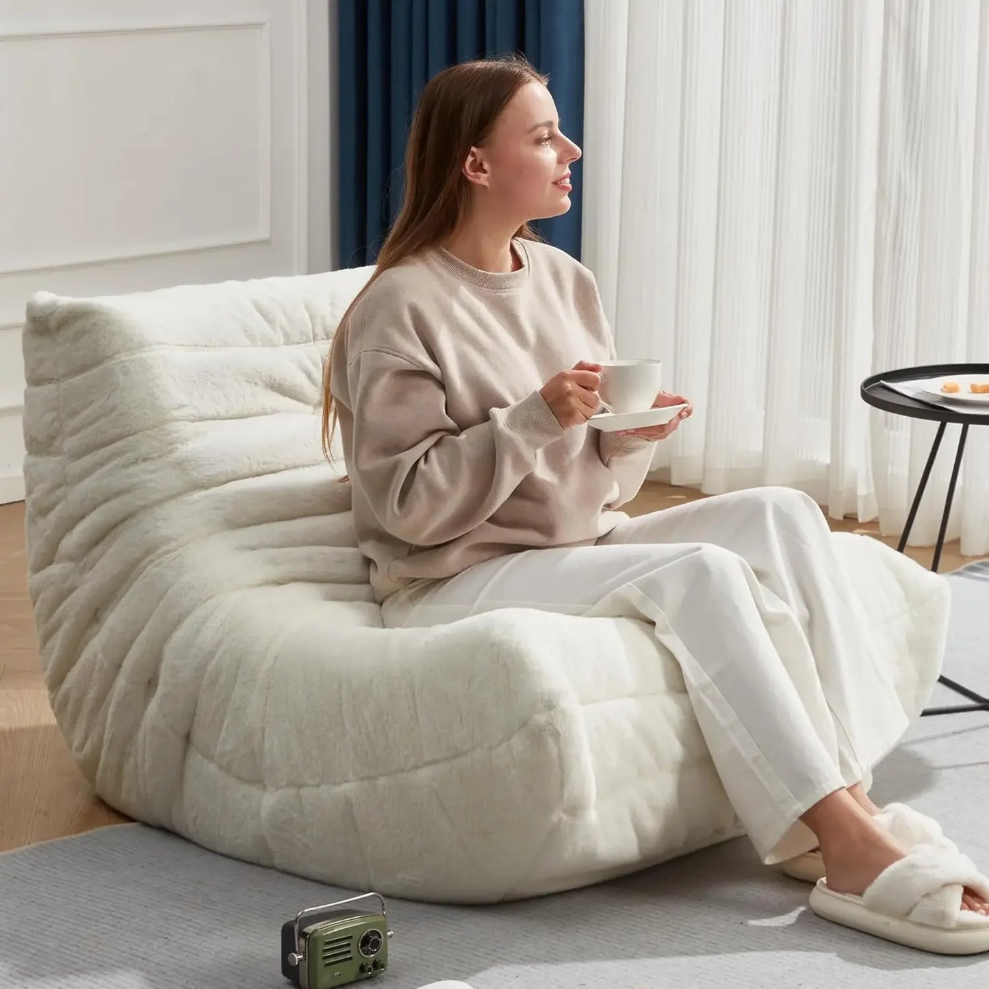 Giant Memory Foam Bean Bag Chair for Adults Big White Plush Faux Fur Sofa for Living Room Bedroom Dorm and Office