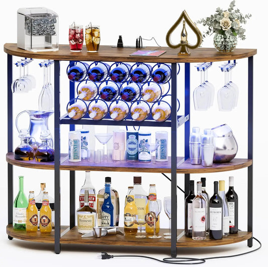 Wine Bar Cabinet with Lights and Outlet 4-Tier Freestanding Storage Rack in Brown Minimalist Modern Design