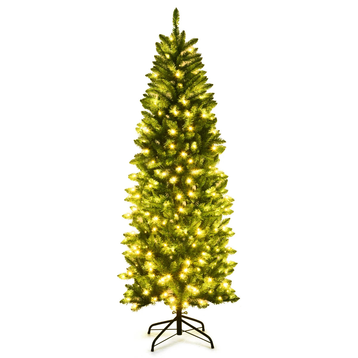 6Ft Pre-lit Artificial Pencil Christmas Tree Hinged Fir PVC Tree/ 250 LED Lights