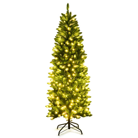 6Ft Pre-lit Artificial Pencil Christmas Tree Hinged Fir PVC Tree/ 250 LED Lights