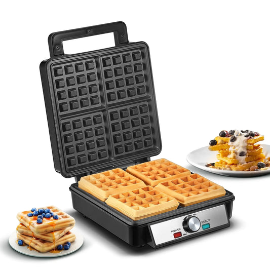 FOHERE Four Waffle Maker Electric Belgian Black Stainless