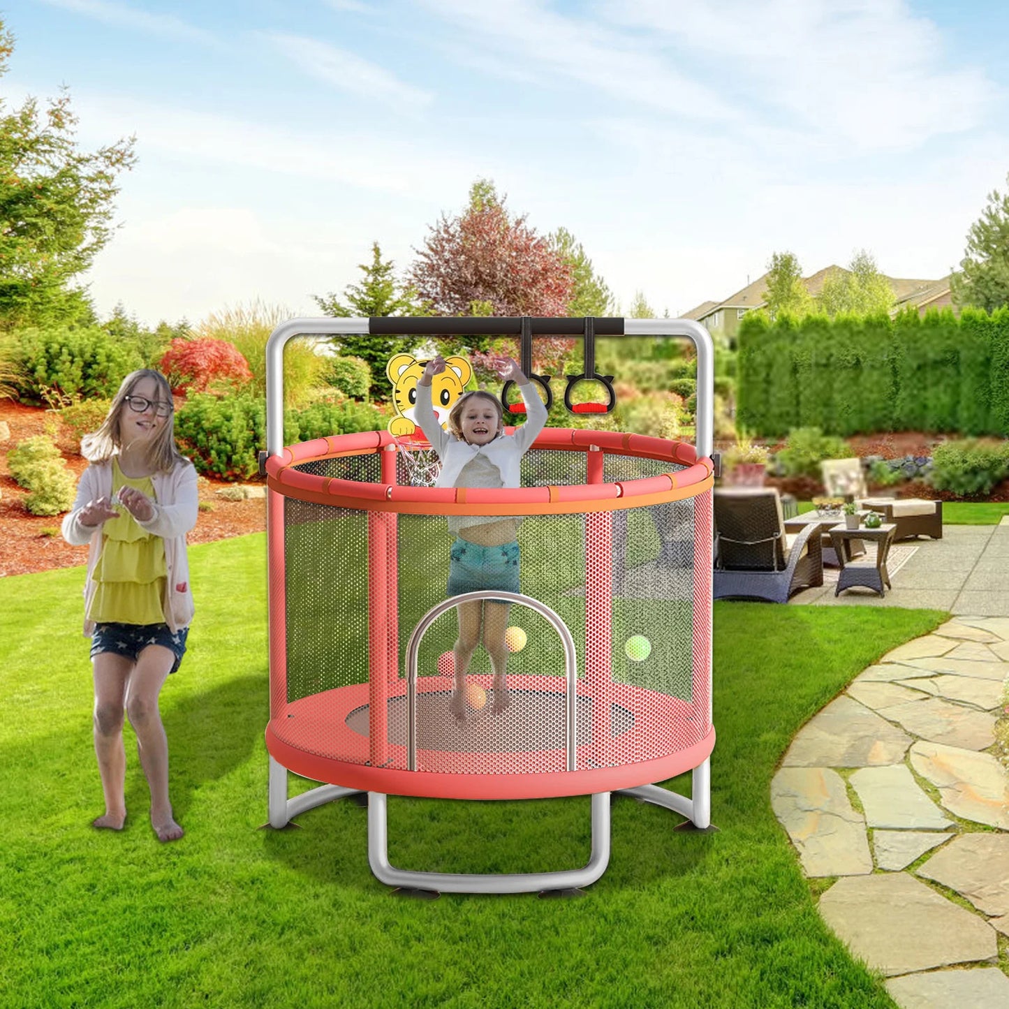 Indoor Trampoline with Protective Net for Kids and Adults 60 Inch Jumping Bed Outdoor Fitness Equipment